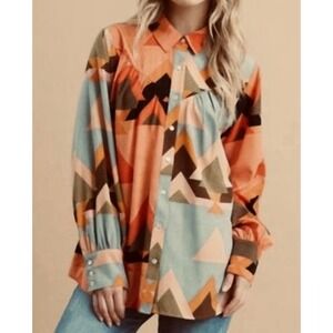 JODIFL Geometric Print Long Sleeve Button Down Top Women's Size Small
